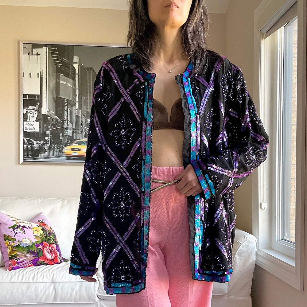 Vintage silk floral jacket with sequins and beads